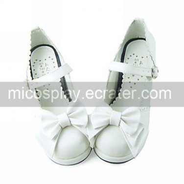 White PU Leather 6.3cm High Heel Princess Lolita Shoes with Cute Bow