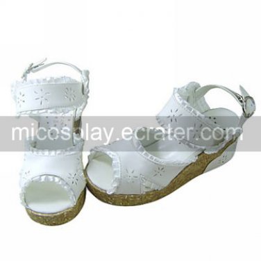 White PU Leather 7cm Wedge Hollow Flower Country Lolita Sandals