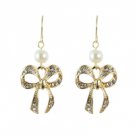 Star's Dazzle Pearl and CZ Gold Tone Bow Dangle Earrings