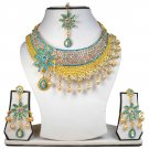 Gold Plated Stunning AD Pearl Jewelry Flower Styled Necklace Matching Earrings Set Turquoise Color