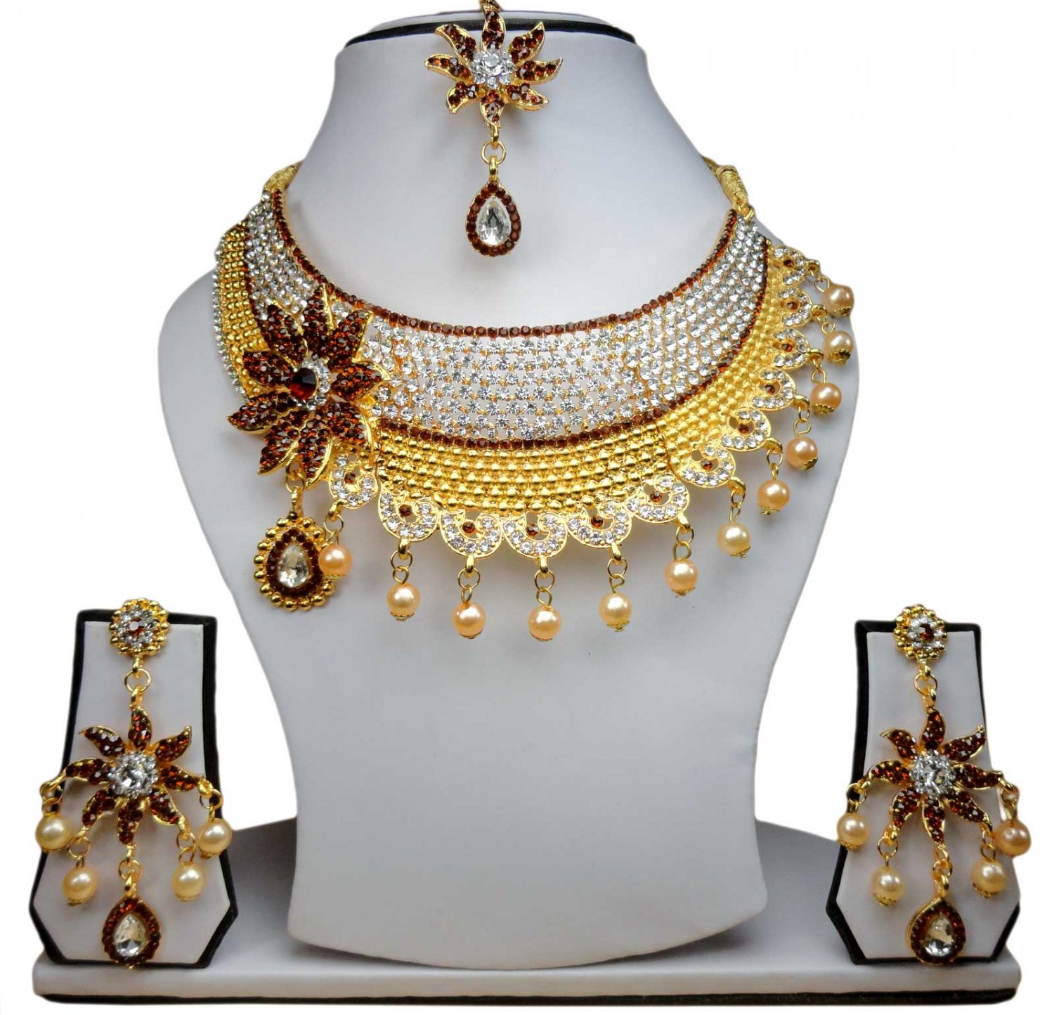 Gold Plated Stunning AD Pearl Jewelry Flower Styled Necklace Matching Earrings Set Coffee Color