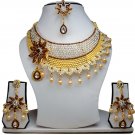 Gold Plated Stunning AD Pearl Jewelry Flower Styled Necklace Matching Earrings Set Coffee Color