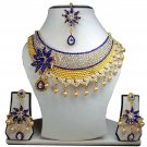Gold Plated Stunning AD Pearl Jewelry Flower Styled Necklace Matching Earrings Set Blue Color