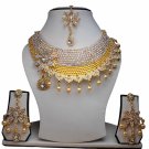 Gold Plated Stunning AD Pearl Jewelry Flower Styled Necklace Matching Earrings Set White Color