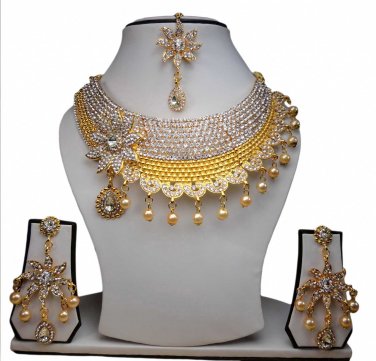 Gold Plated Stunning AD Pearl Jewelry Flower Styled Necklace Matching Earrings Set White Color