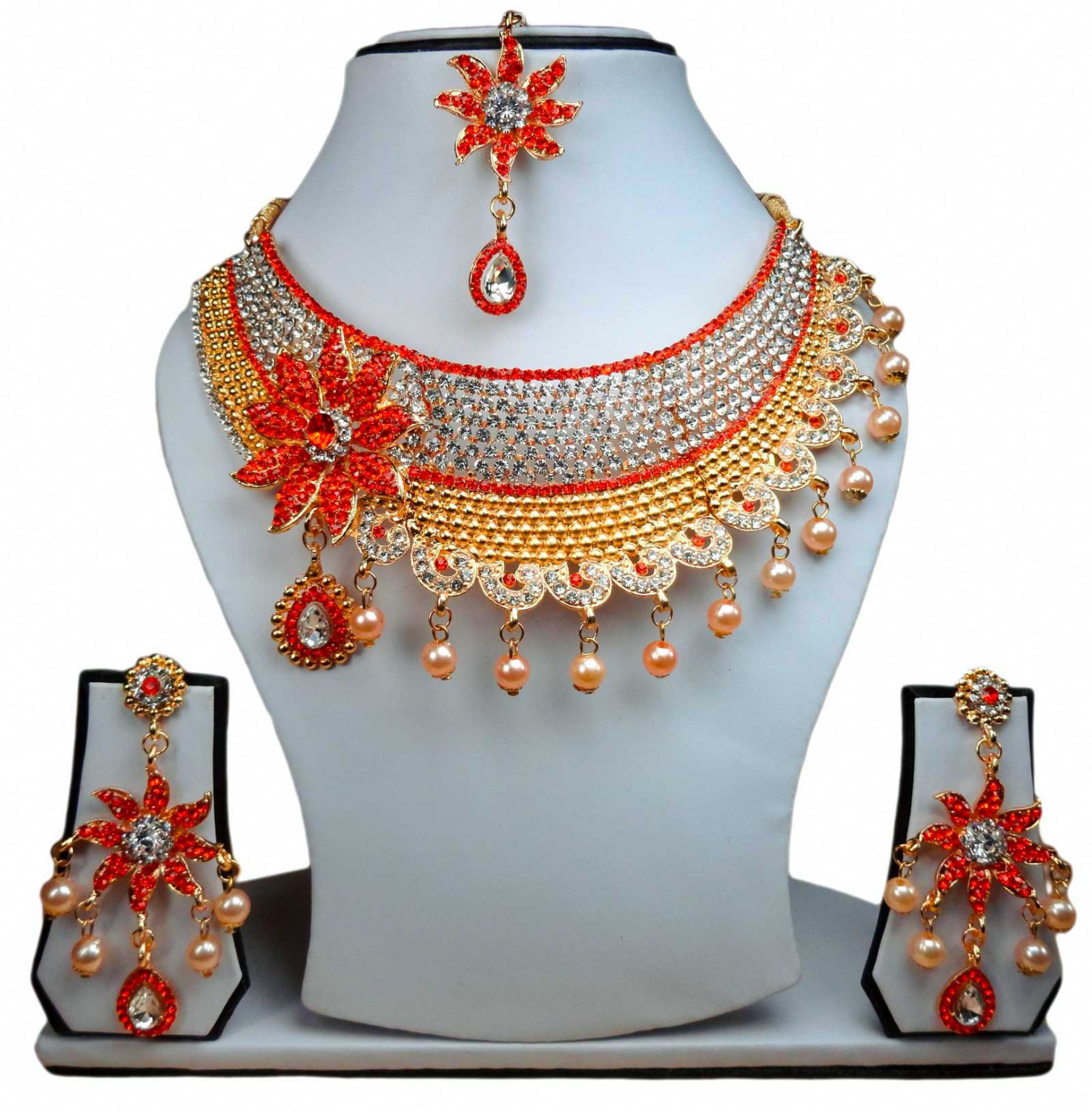 Gold Plated Stunning AD Pearl Jewelry Flower Styled Necklace Matching Earrings Set Red Color