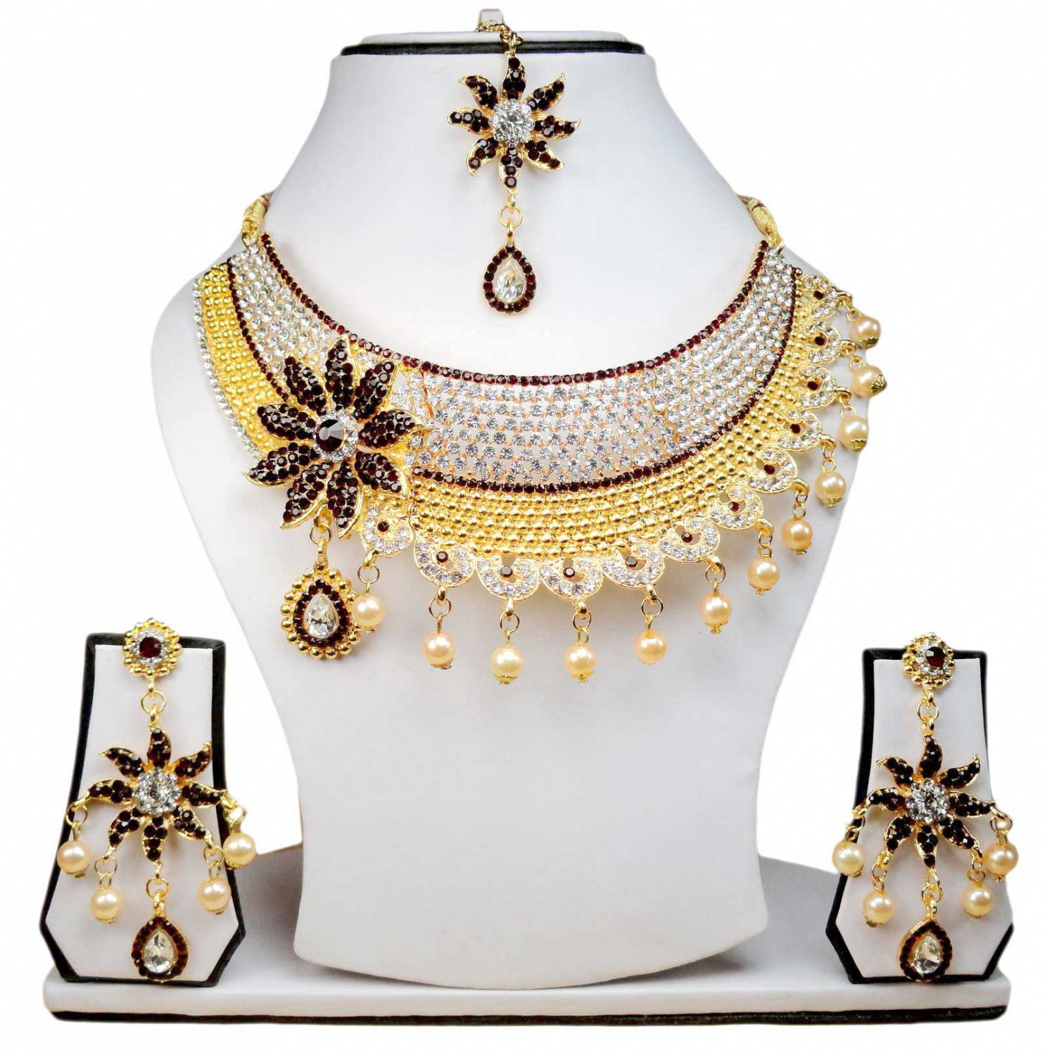 Gold Plated Stunning AD Pearl Jewelry Flower Styled Necklace Matching Earrings Set maroon Color