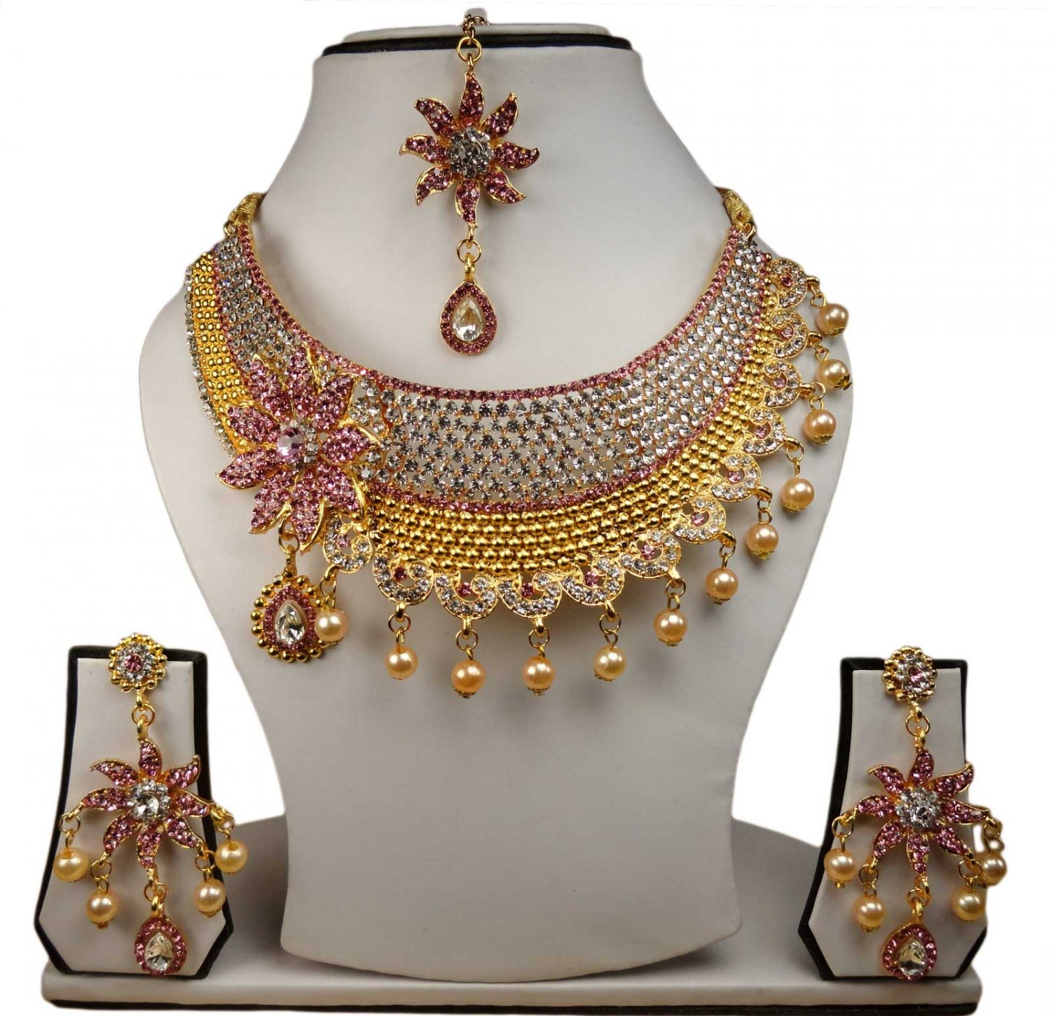 Gold Plated Stunning AD Pearl Jewelry Flower Styled Necklace Matching Earrings Set Pink Color