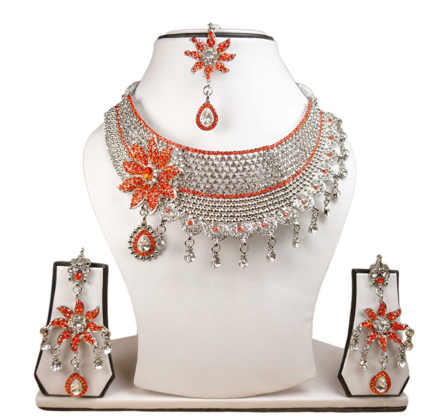 Silver Plated StunningAD Pearl Jewelry Flower Styled Necklace Matching Earrings Set red Color