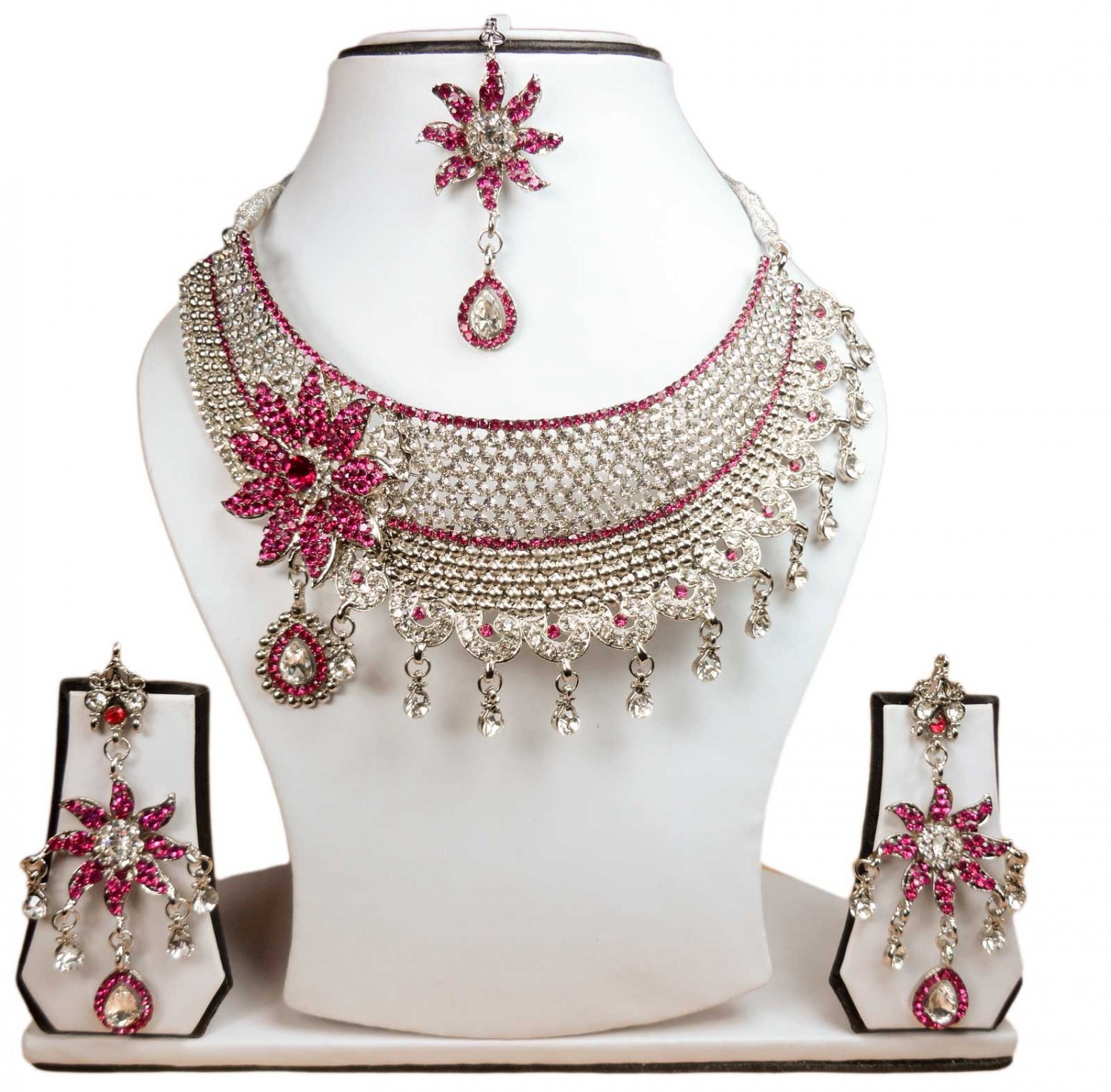 Silver Plated Stunning AD Pearl Jewelry Flower Styled Necklace Matching Earrings Set Magenta Color
