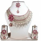 Silver Plated Stunning AD Pearl Jewelry Flower Styled Necklace Matching Earrings Set Magenta Color