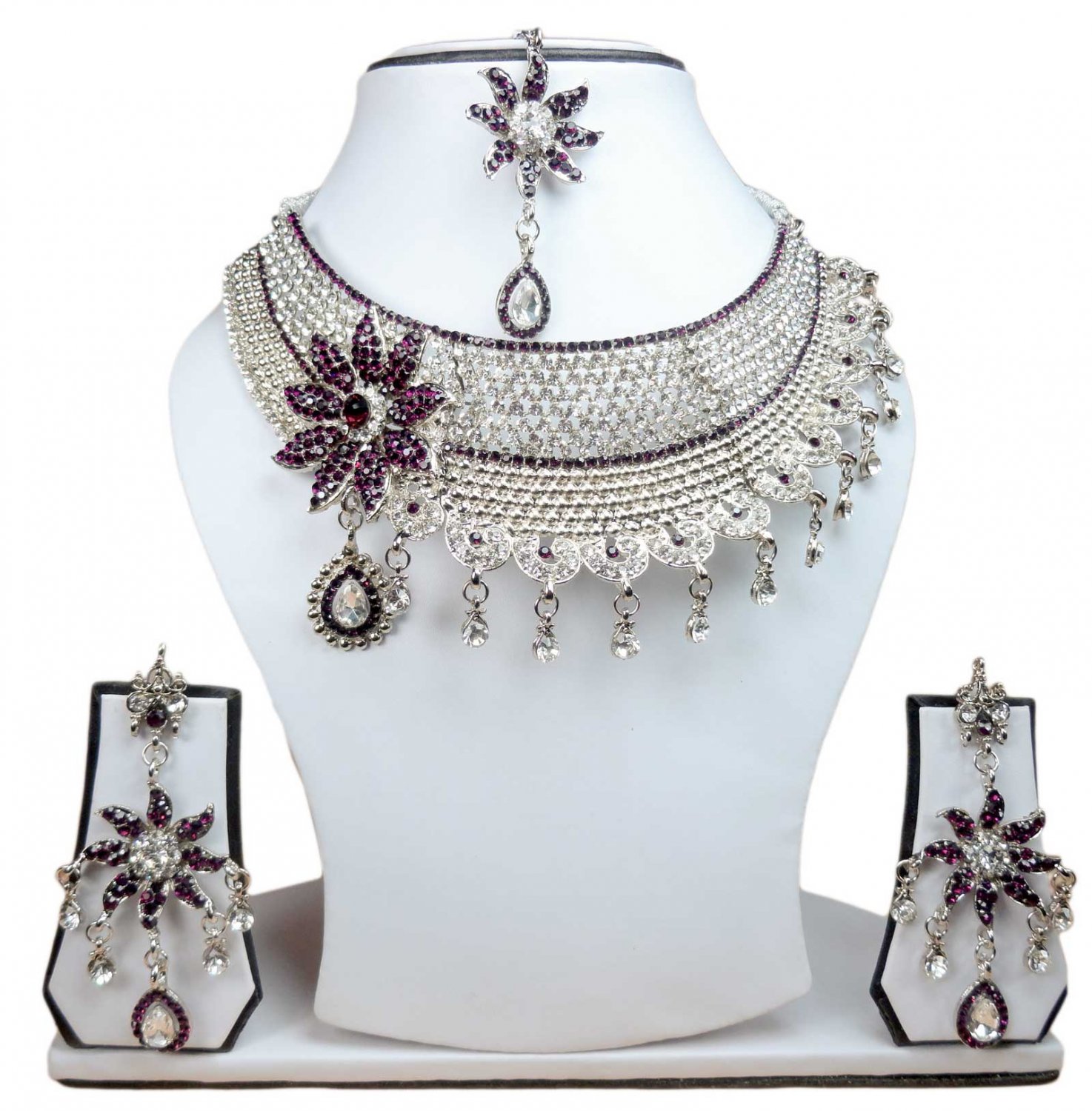 Silver Plated Stunning AD Pearl Jewelry Flower Styled Necklace Matching Earrings Set Purple Color