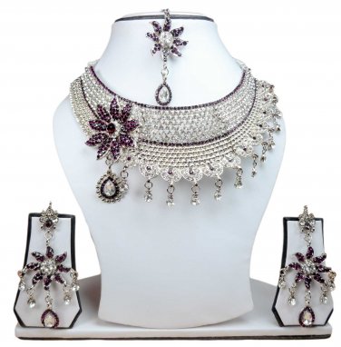 Silver Plated Stunning AD Pearl Jewelry Flower Styled Necklace Matching Earrings Set Purple Color