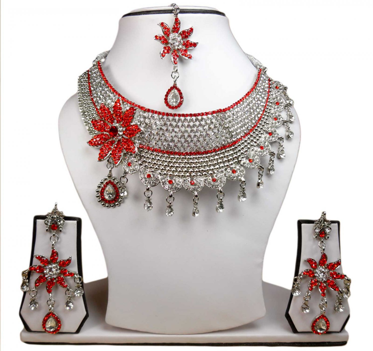 Silver Plated Stunning AD Pearl Jewelry Flower Styled Necklace Matching Earrings Set Maroon Color