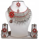 Silver Plated Stunning AD Pearl Jewelry Flower Styled Necklace Matching Earrings Set Maroon Color