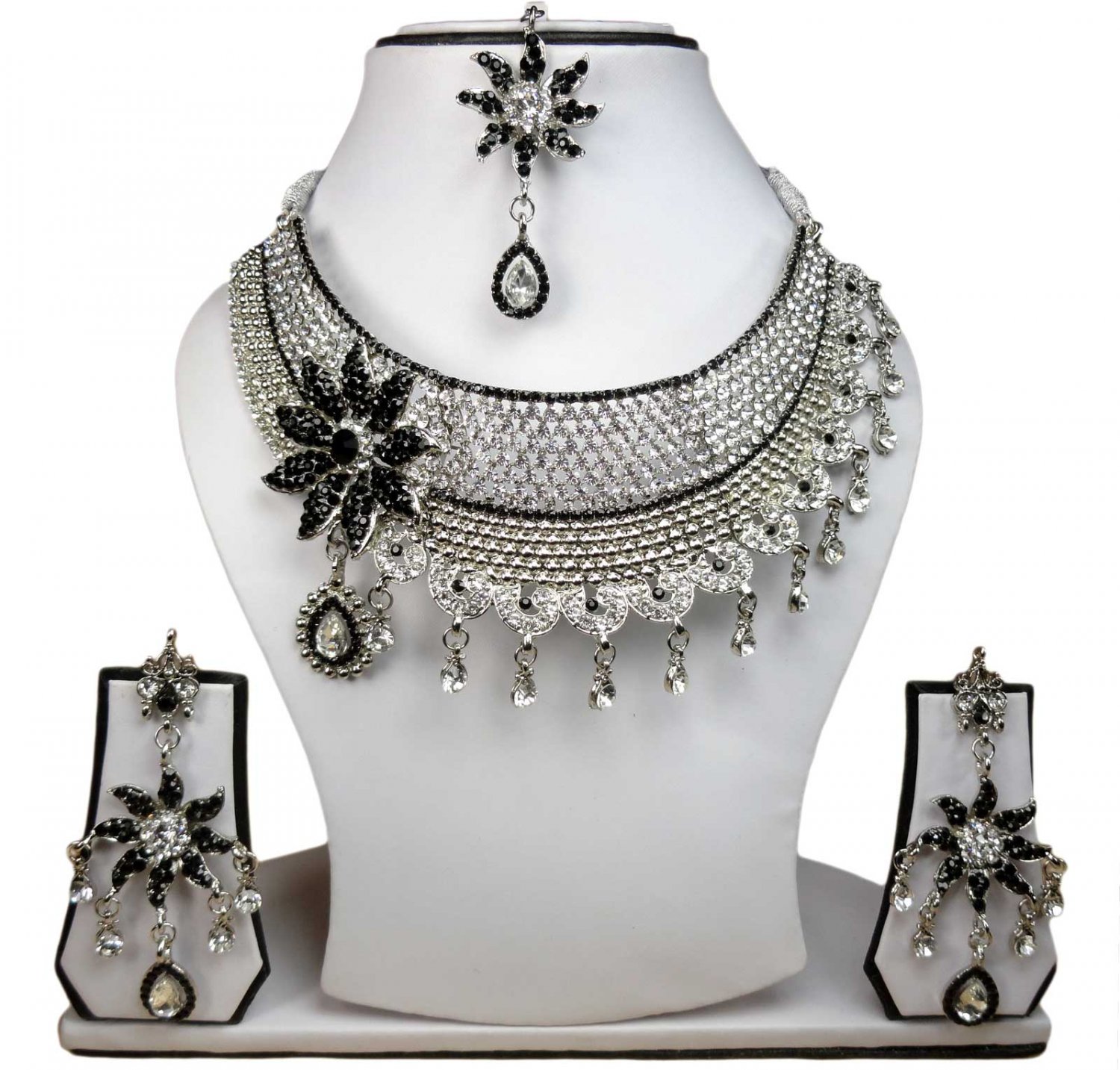 Silver Plated Stunning AD Pearl Jewelry Flower Styled Necklace Matching Earrings Set Black Color
