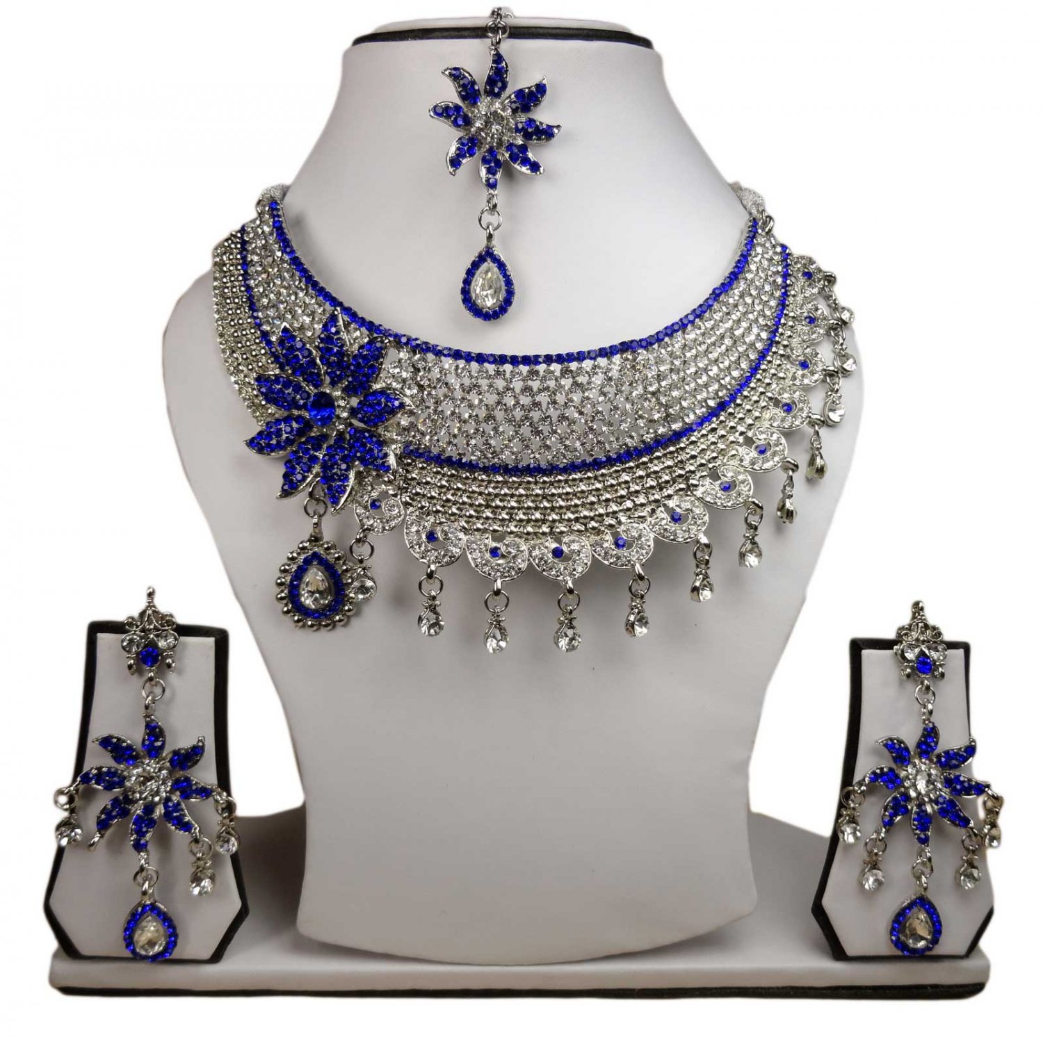 SIlver Plated Stunning AD Pearl Jewelry Flower Styled Necklace Matching Earrings Set Blue Color