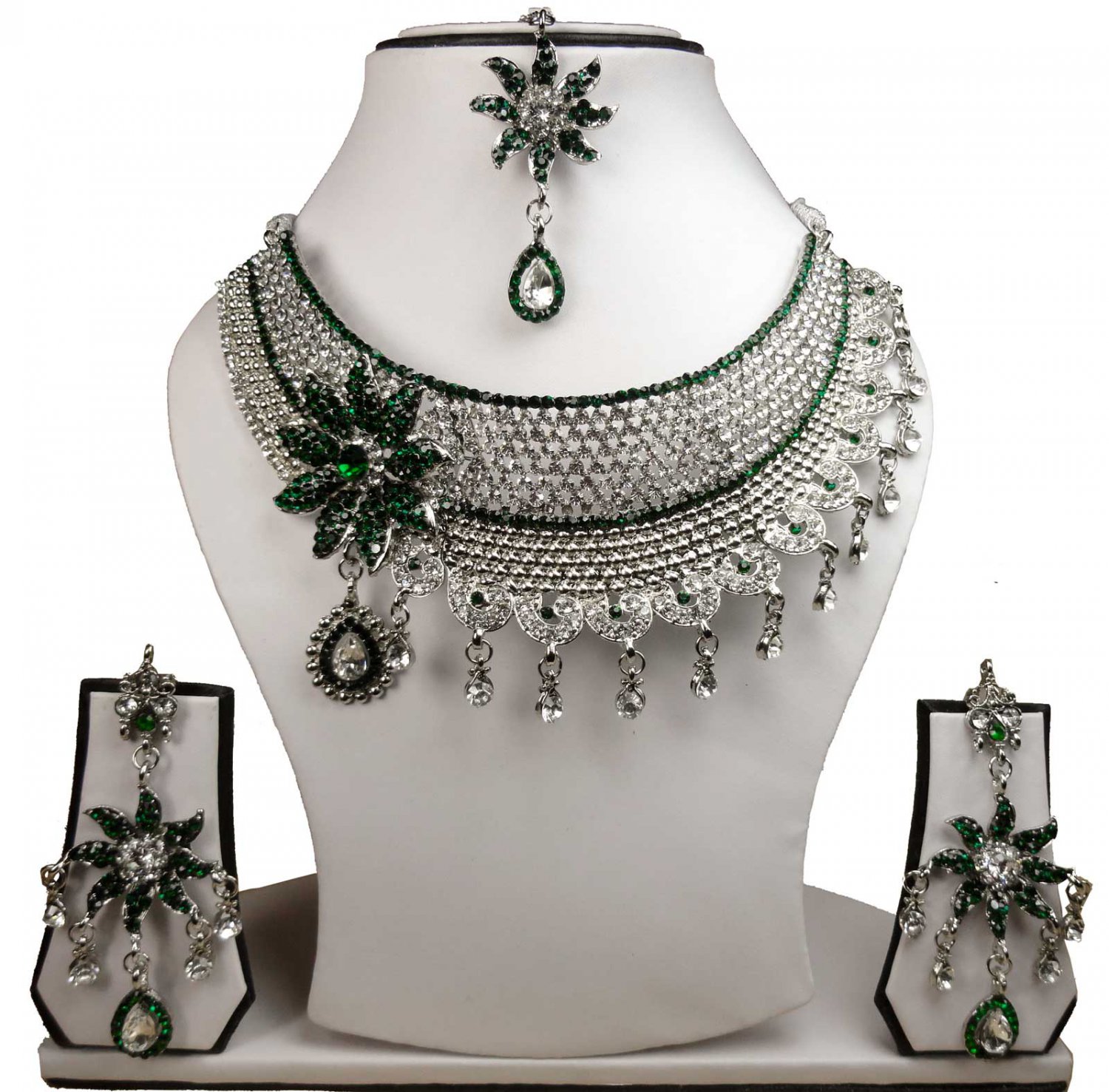 Silver Plated Stunning AD Pearl Jewelry Flower Styled Necklace Matching Earrings Set Green Color