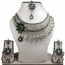 Silver Plated Stunning AD Pearl Jewelry Flower Styled Necklace Matching Earrings Set Green Color