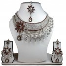 Silver Plated Stunning AD Pearl Jewelry Flower Styled Necklace Matching Earrings Set Coffee Color