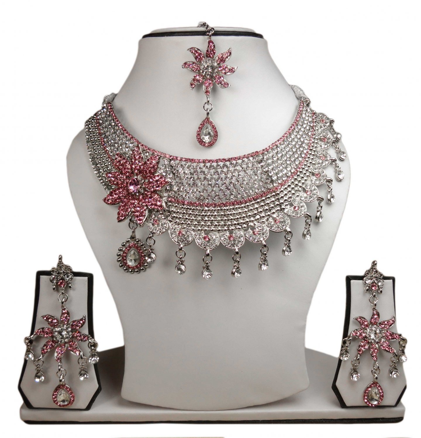 Silver Plated Stunning AD Pearl Jewelry Flower Styled Necklace Matching Earrings Set Pink Color