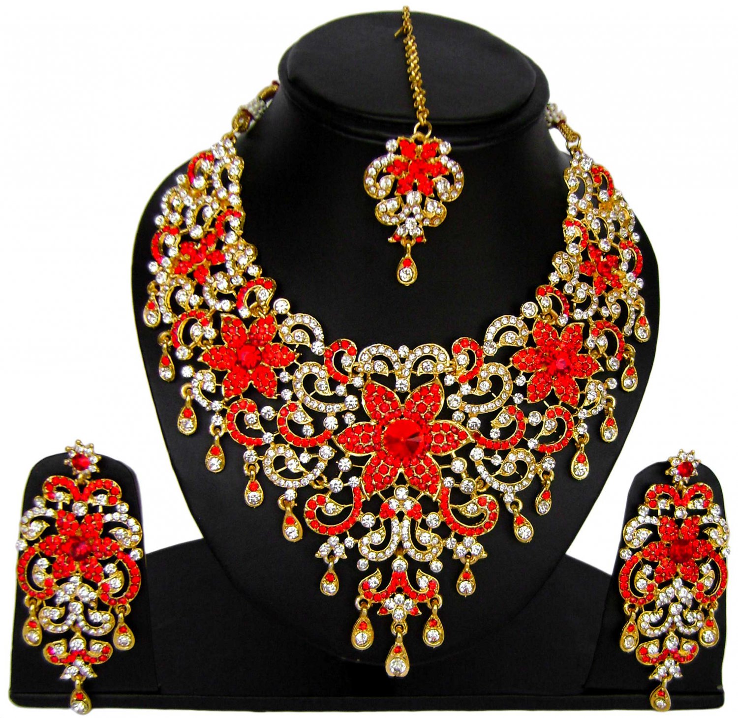 American Diamond Jewelry Flower Inspired Attractive Princess Style Necklace Eaarrings Set Red Color