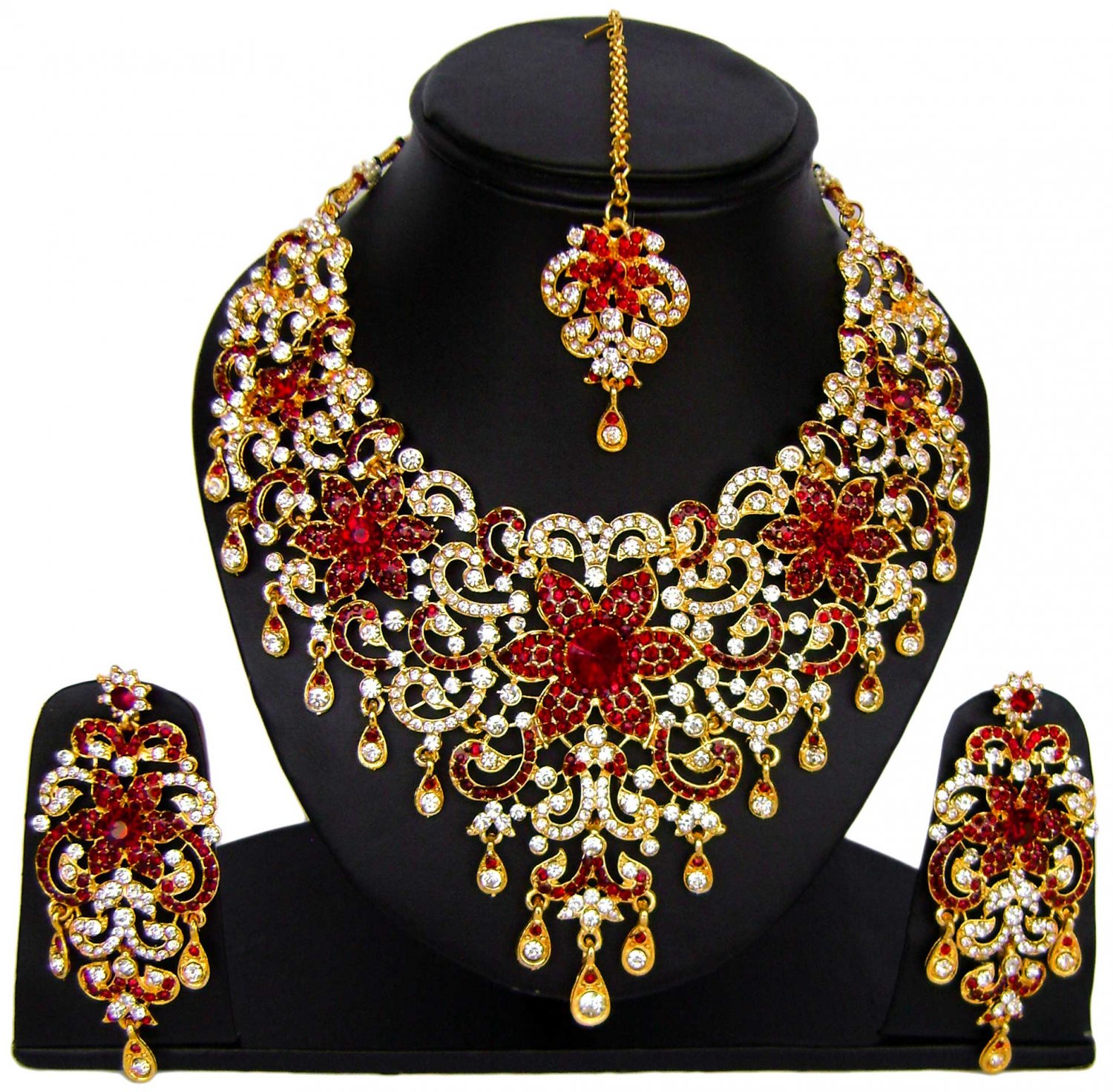 American Diamond Jewelry Flower Inspired Attractive Princess Style Necklace Earrings Maroon Color