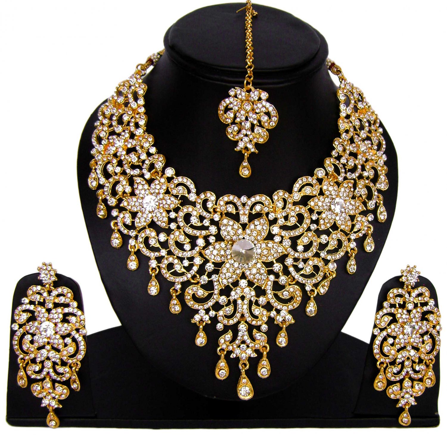 American Diamond Jewelry Flower Inspired Attractive Princess Style Necklace Earrings Set White Color