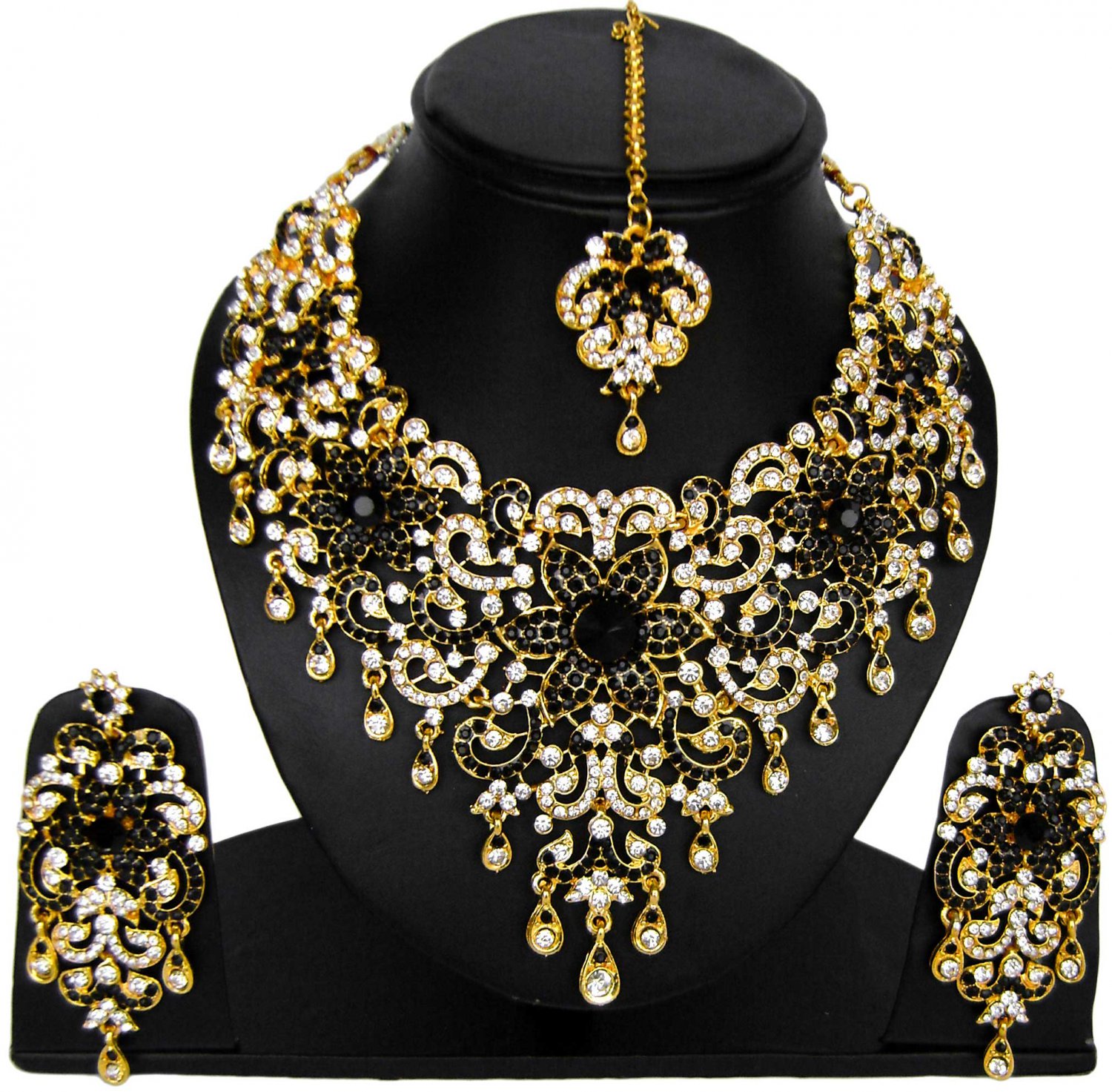 American Diamond Jewelry Flower Inspired Attractive Princess Style Necklace Earrings Set Balck Color