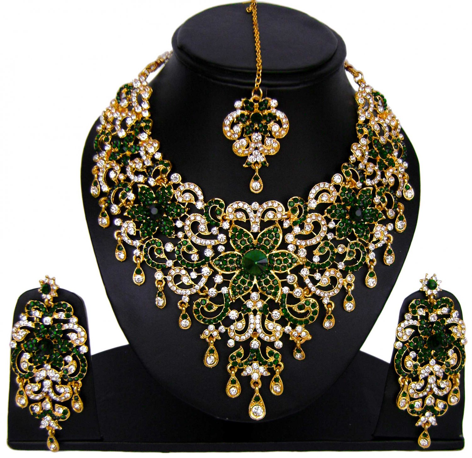 American Diamond Jewelry Flower Inspired Attractive Princess Style Necklace Earrings Set Green Color