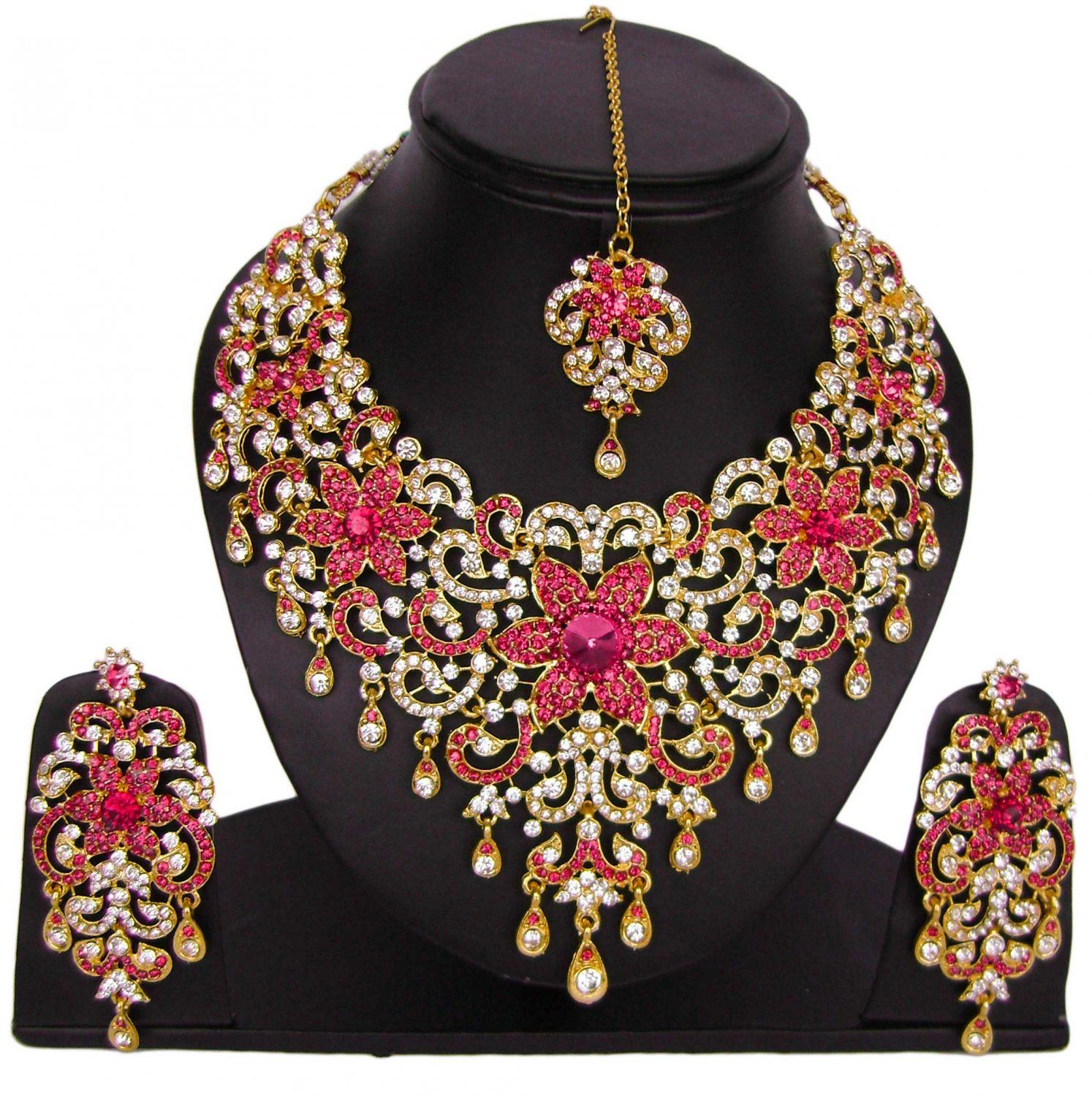 American Diamond Jewelry Flower Inspired Attractive Princess Style Necklace Earrings Set Magenta