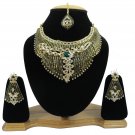 American Diamond Inspired Jewelry Attractive Princess Necklace Earrings and Mangtika Set Green