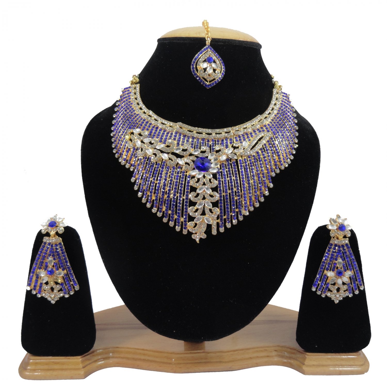 American Diamond Inspired Jewelry Attractive Princess Necklace Earrings and MaangTika Set Blue Color