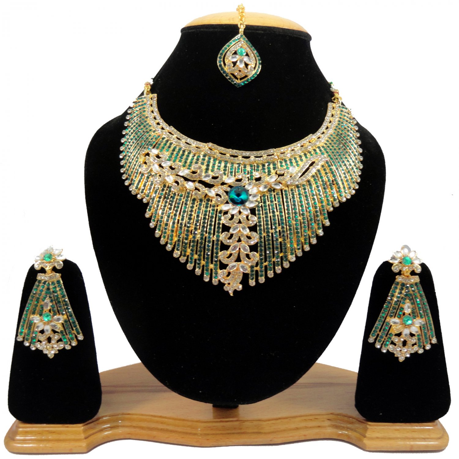 American Diamond Inspired Jewelry Attractive Princess Necklace Earrings and Maangtika Set Turquoise