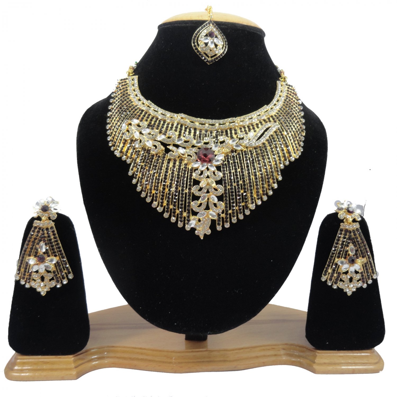 American Diamond Inspired Jewelry Attractive Princess Necklace Earrings and Maangtika Set Purple
