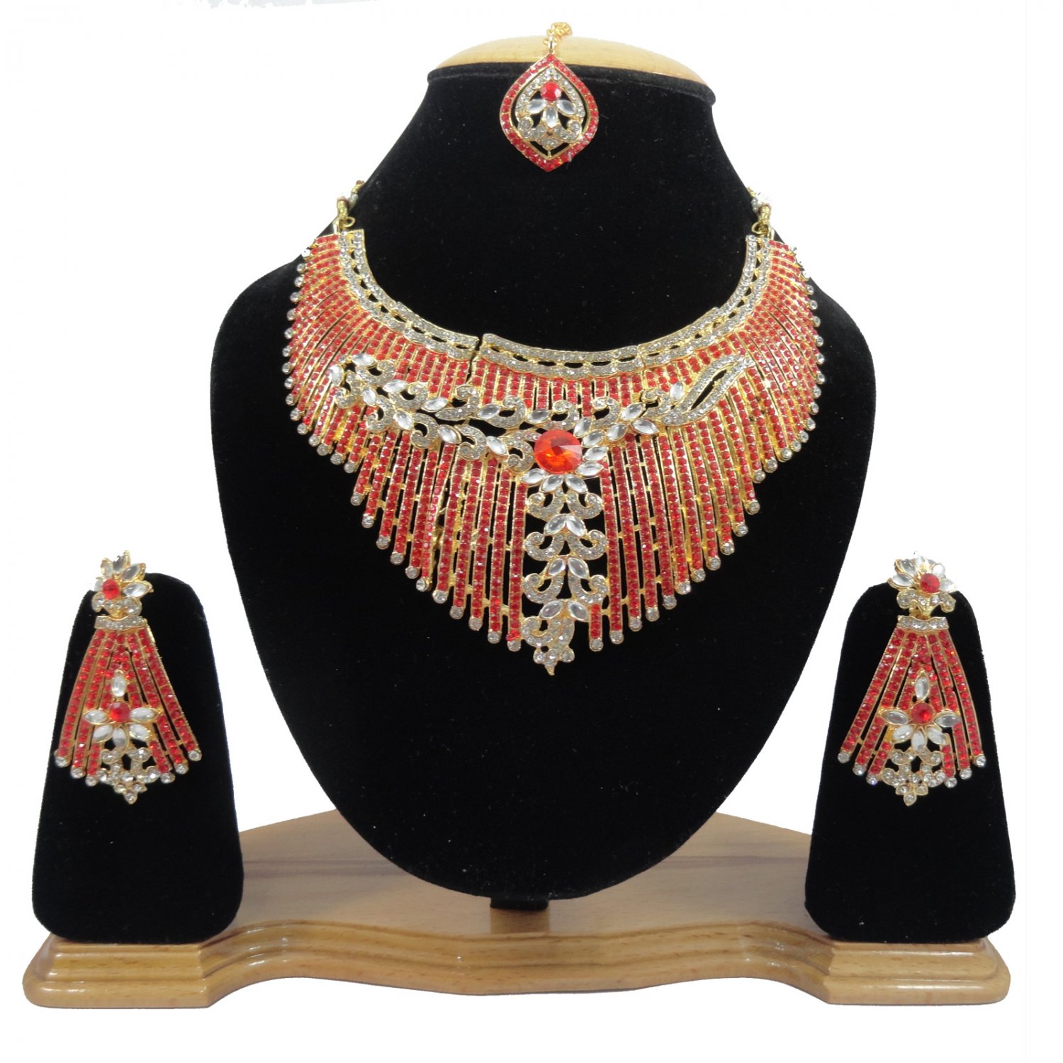 American Diamond Inspired Jewelry Attractive Princess Necklace Earrings and Maangtika Set Red Color