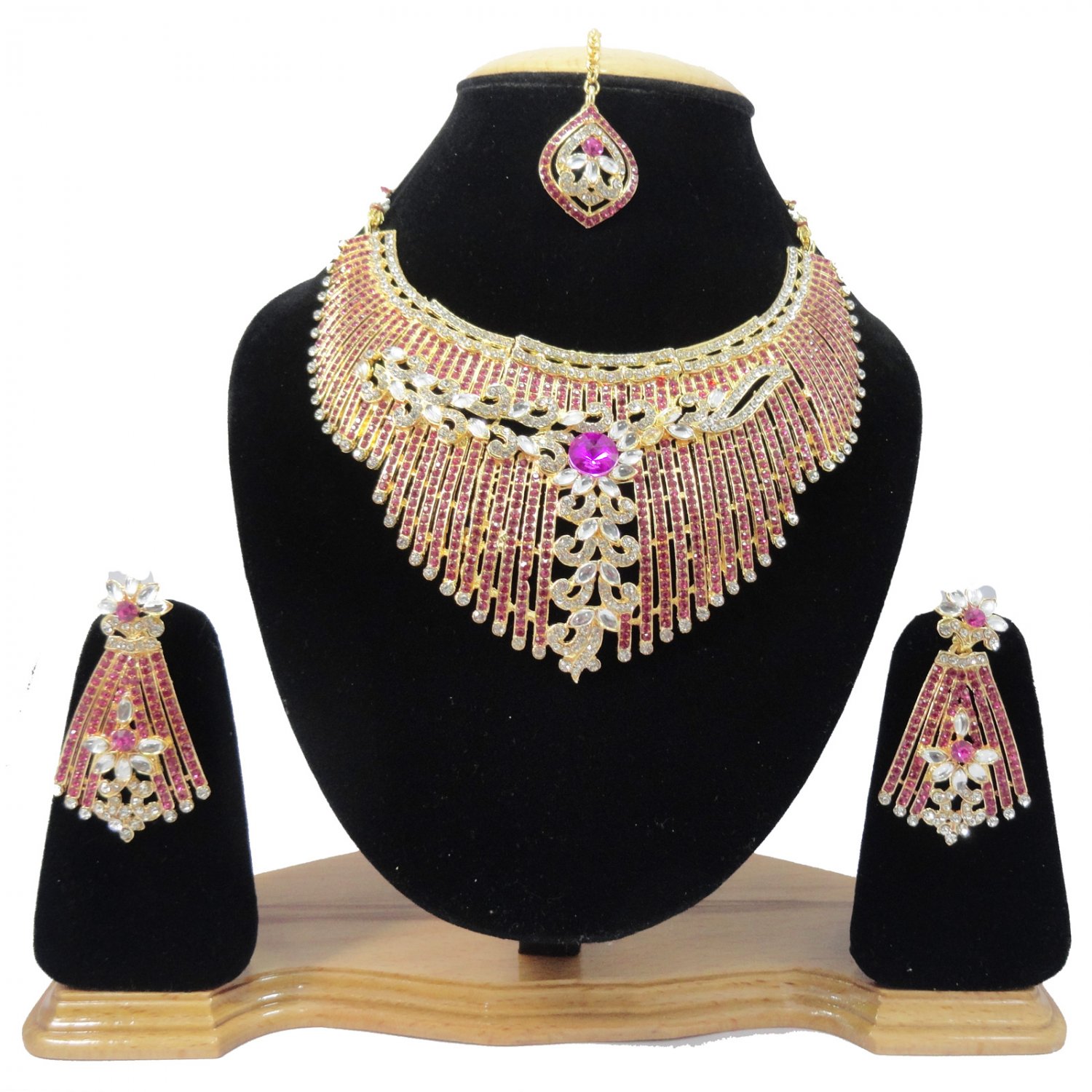 American Diamond Inspired Jewelry Attractive Princess Necklace Earrings and Maangtika Set Magenta