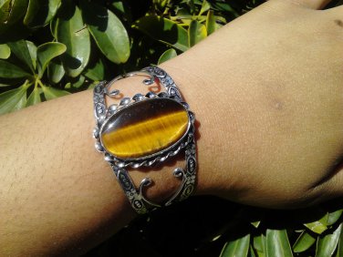 Silver Tiger's Eye Gemstone Cuff bracelet boho bohemian ladies juniors