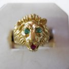 14k Lion Emerald and Ruby Head  Ring, Solid Gold