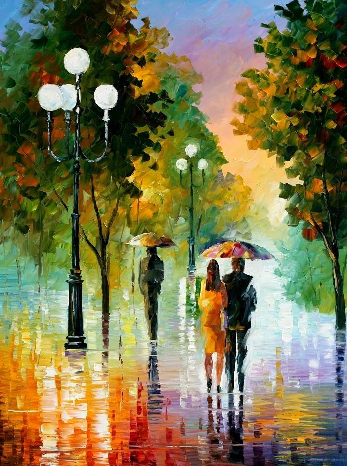 EVENING STROLL UNDER THE RAIN- Original Oil Painting  By Leonid Afremov