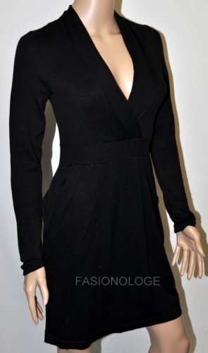 $218 New BCBG Max Azria Black Merino Wool Faux Wrap Sweater Dress NWT M