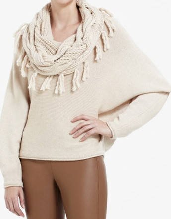 $228 New BCBG Max Azria "Ziona" Heather Corozo Scarf Neck Sweater Top NWT L