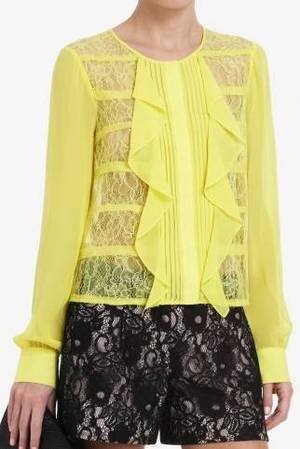 $158 New BCBG Max Azria "Cait" Bt Chartreuse Lace Silk Cocktail Party Top NWT L