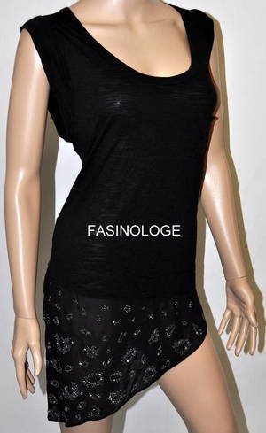 $238 New BCBG Max Azria BLack Bead Chiffon  Rayon Party Shirt Top M