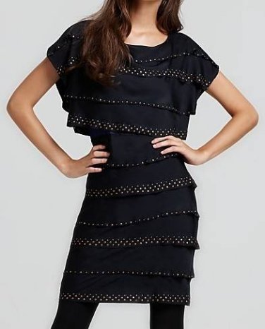 $348 New BCBG Max Azria "Leah" Black Stud Tiered Cocktail Party Dress NWT XS