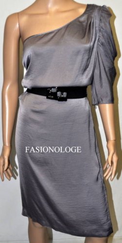 $218 New BCBG Max Azria Grey One Shoulder Jewel Satin Cocktail Party Dress M