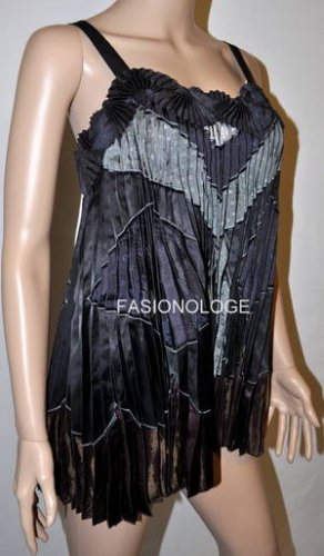 $876 New BCBG MAX AZRIA Black Combo Micro Pleated Woven Evening Shirt Top S