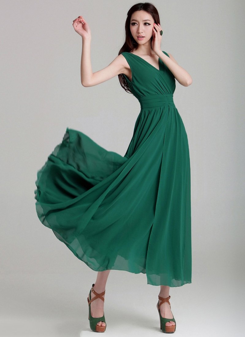 V Neck & V Back Green Maxi Dress with Ruched Waist Yoke