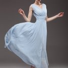 V Neck & V Back Light Blue Maxi Dress with Ruched Waist Yoke RM53