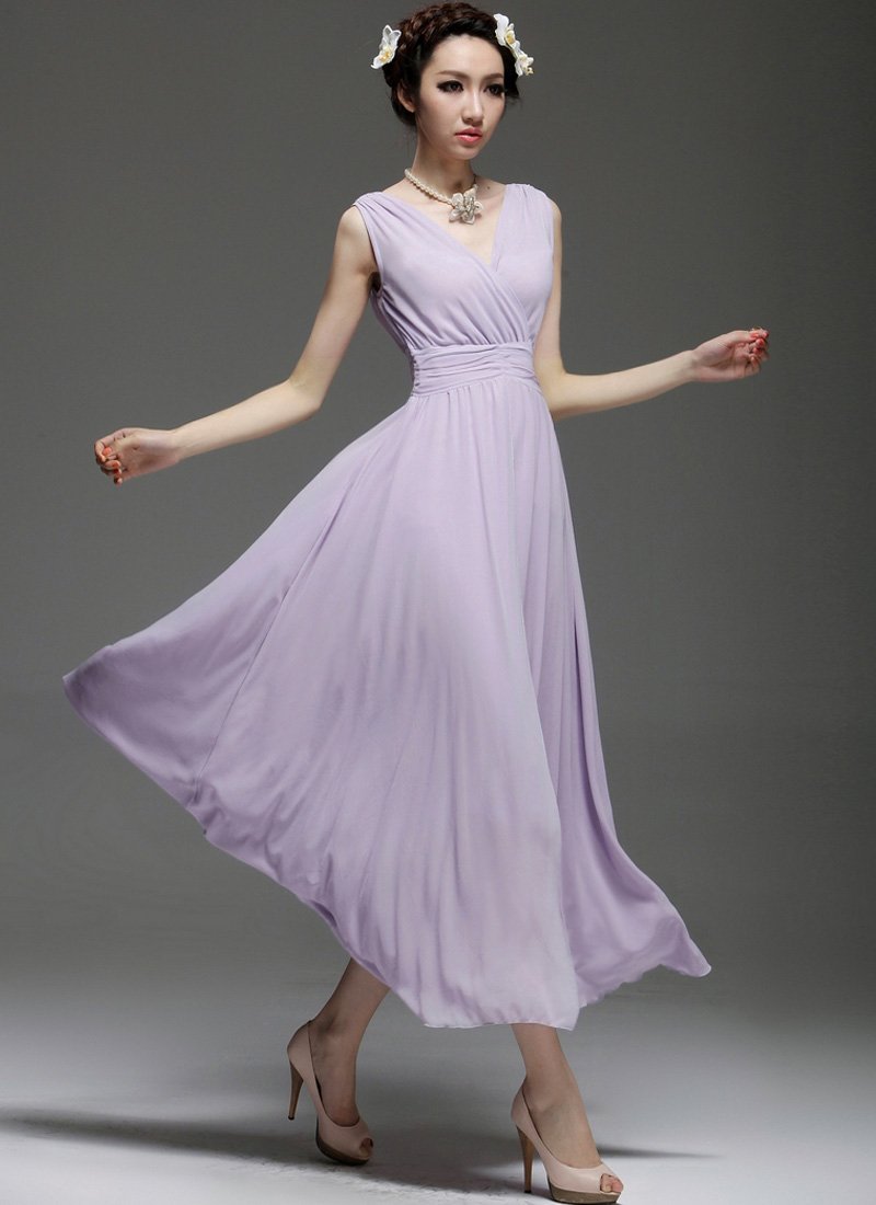 V Neck & V Back Violet Maxi Dress with Ruched Waist Yoke RM53